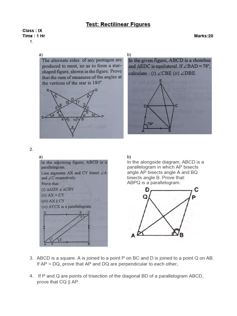 Rectilinear Figures: Class IX Test | PDF