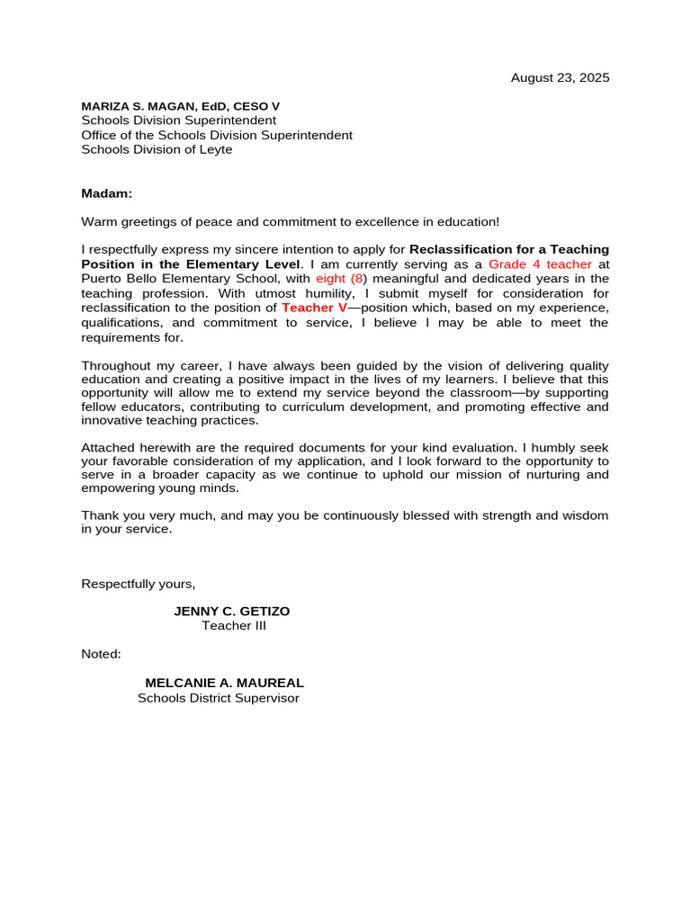 Teacher Reclassification Application Letter | PDF