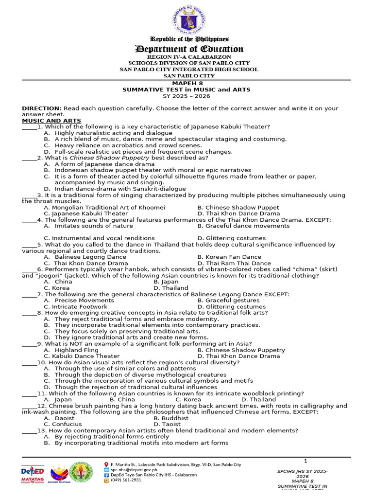 MAPEH 8 Music and Arts Exam Review | PDF | Dances | Theatre