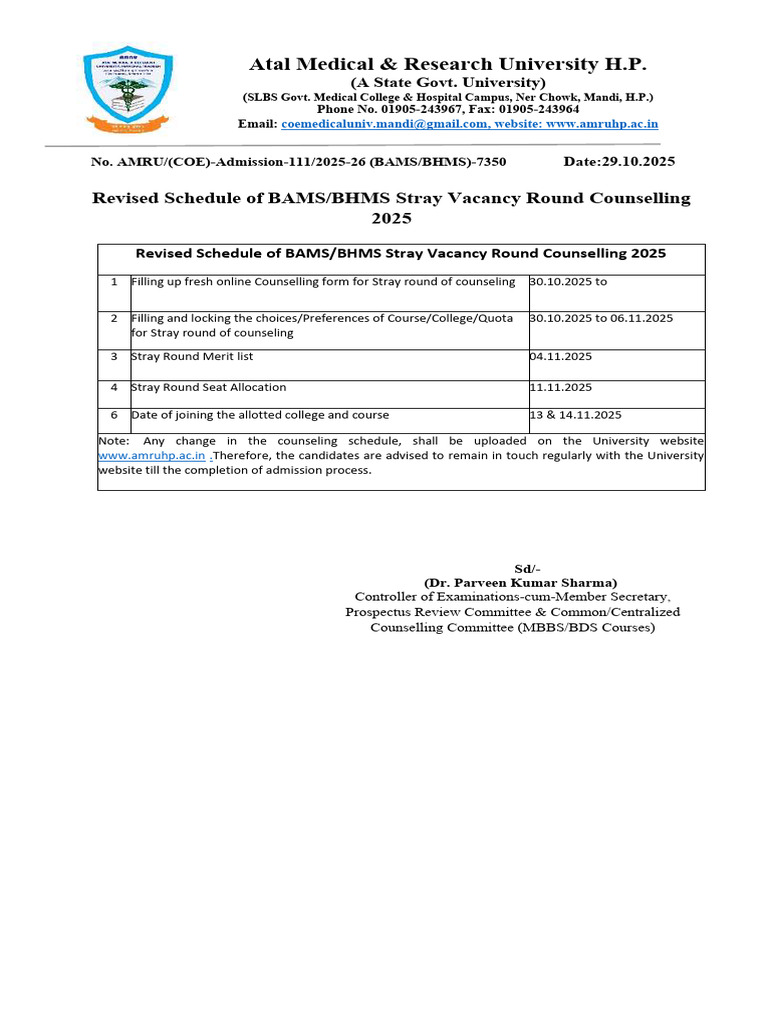 Revised Schedule For BAMS BHMS Stray Round Counselling 2025 | PDF