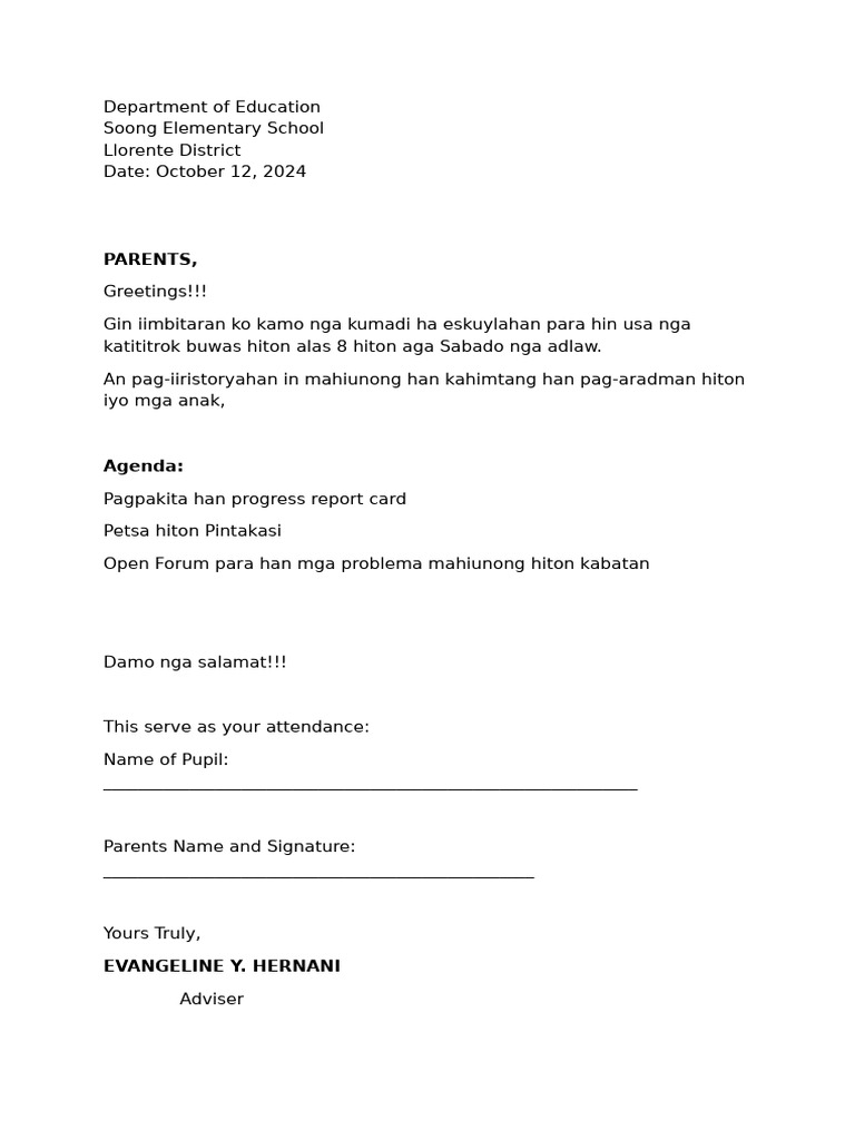 Letter To Parents | PDF