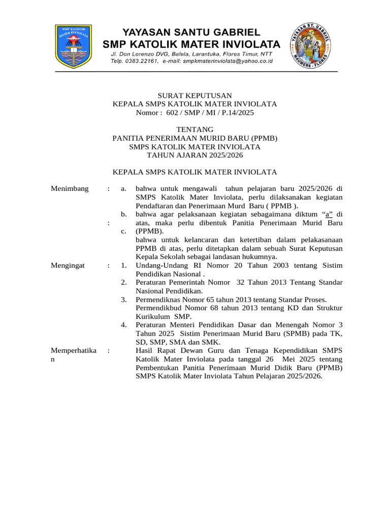 PPMB SMPS Katolik Mater Inviolata 2025/2026 | PDF