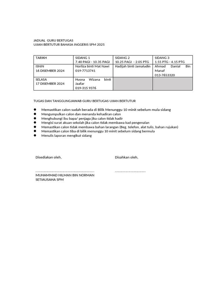 Jadual Guru Bertugas Ubbi Spm 2025 | PDF