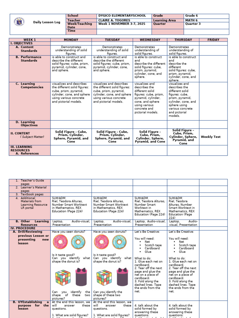 Grade 6 Math: Solid Figures Lesson Plan | PDF | Triangle | Rectangle