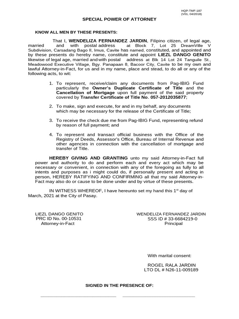Special Power of Attorney Form HQP-TMF-187 | PDF | Power Of Attorney ...