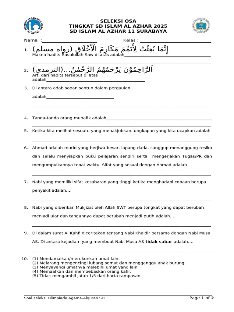 Seleksi OSA SD Islam Al Azhar 2025 | PDF