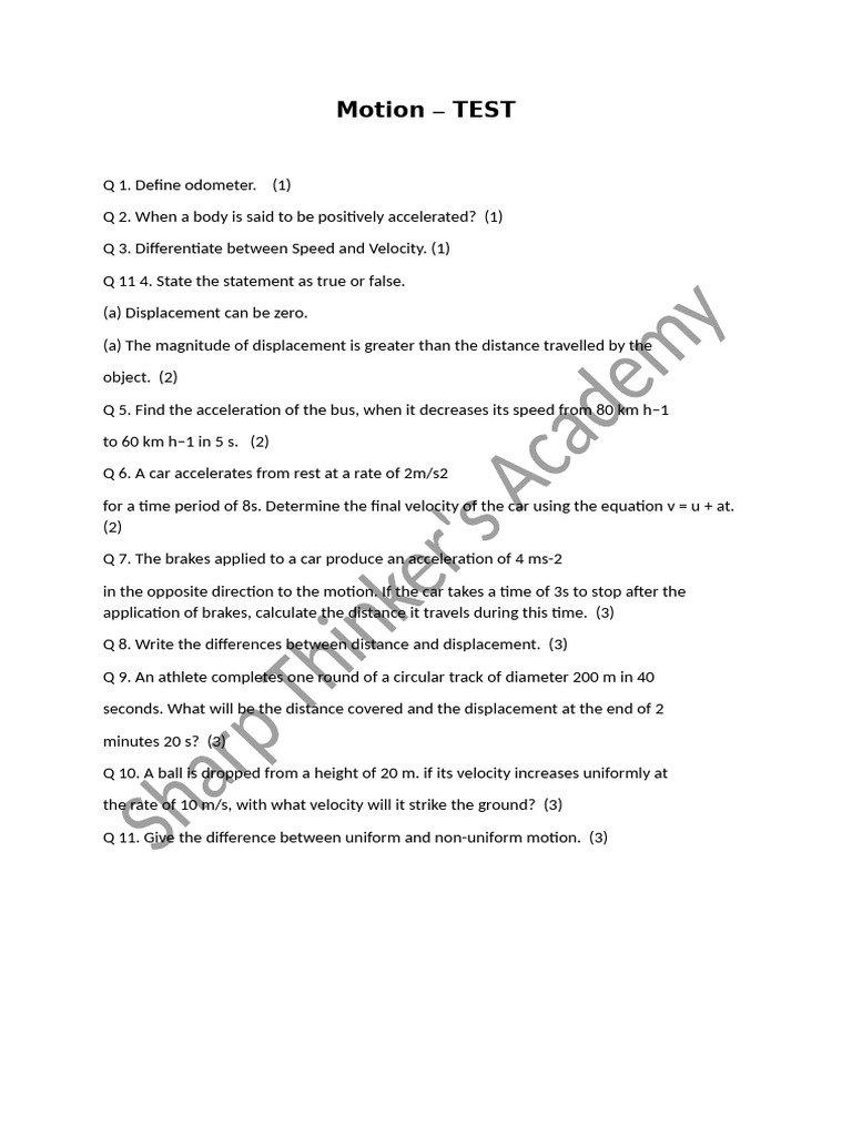 Motion Test Questions and Answers | PDF