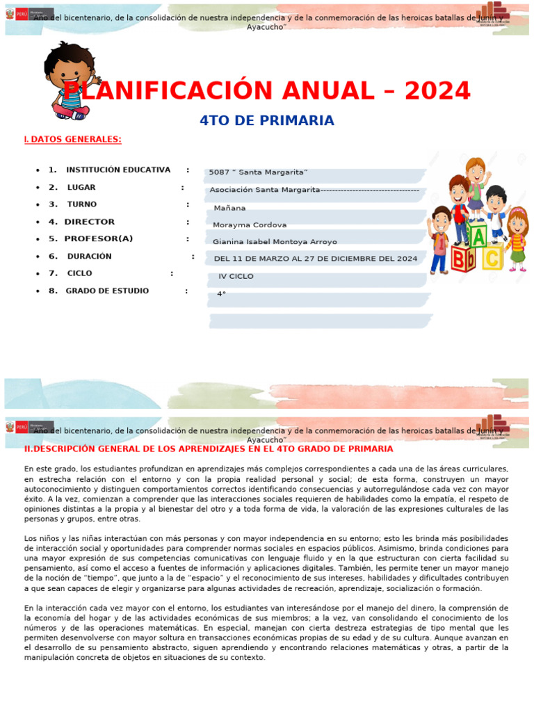 Planificación Anual 2024 - 4to Primaria | PDF | Geometría | Datos