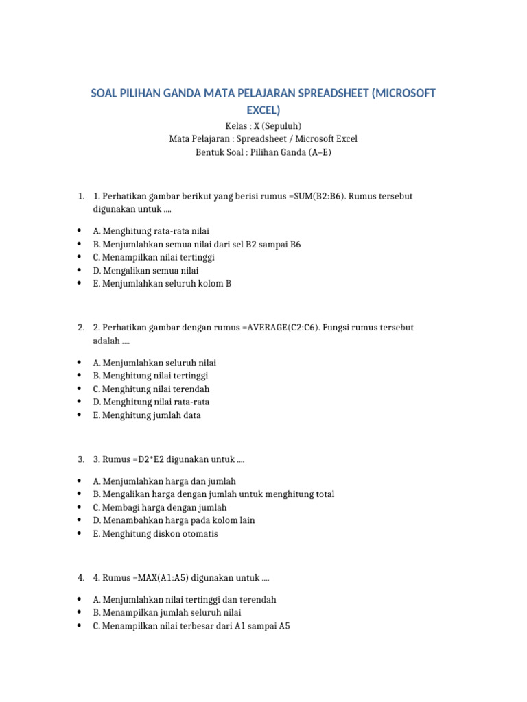 Soal Spreadsheet Kelas10 | PDF
