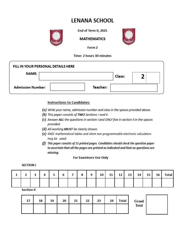 Form 2 Mathematics Exam Paper 2025 | PDF | Area | Circle