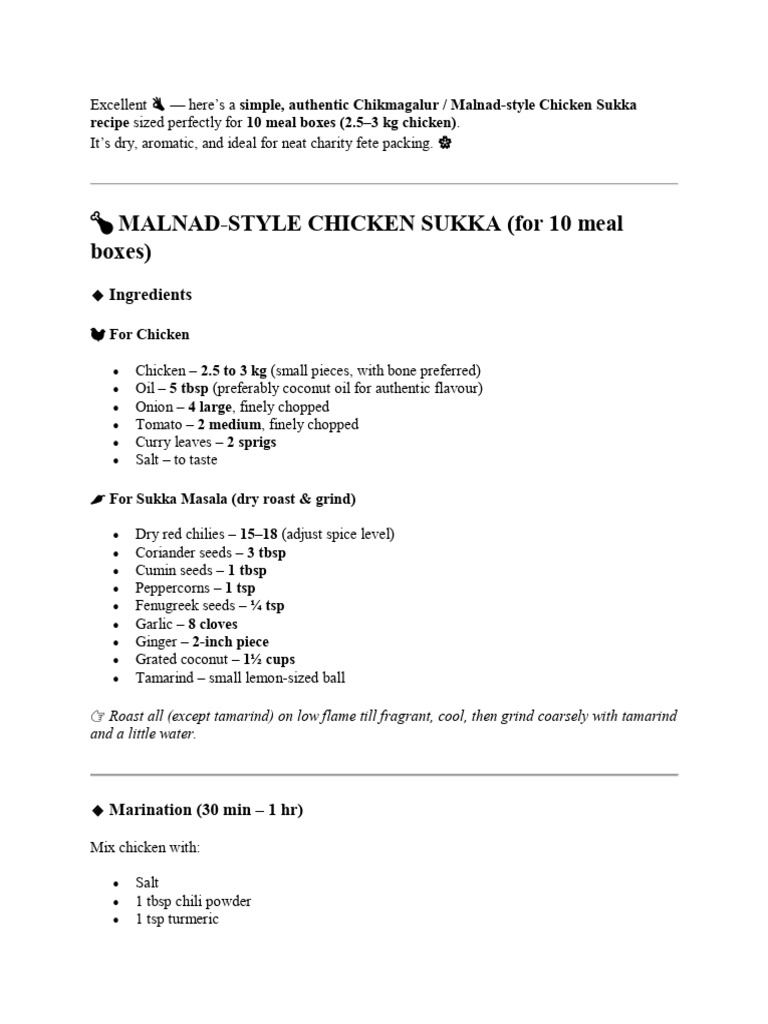 Malnad Chicken Sukka Recipe for 10 Boxes | PDF