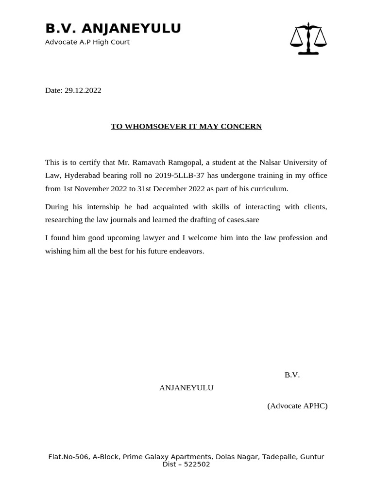 Internship Certification for Law Student | PDF