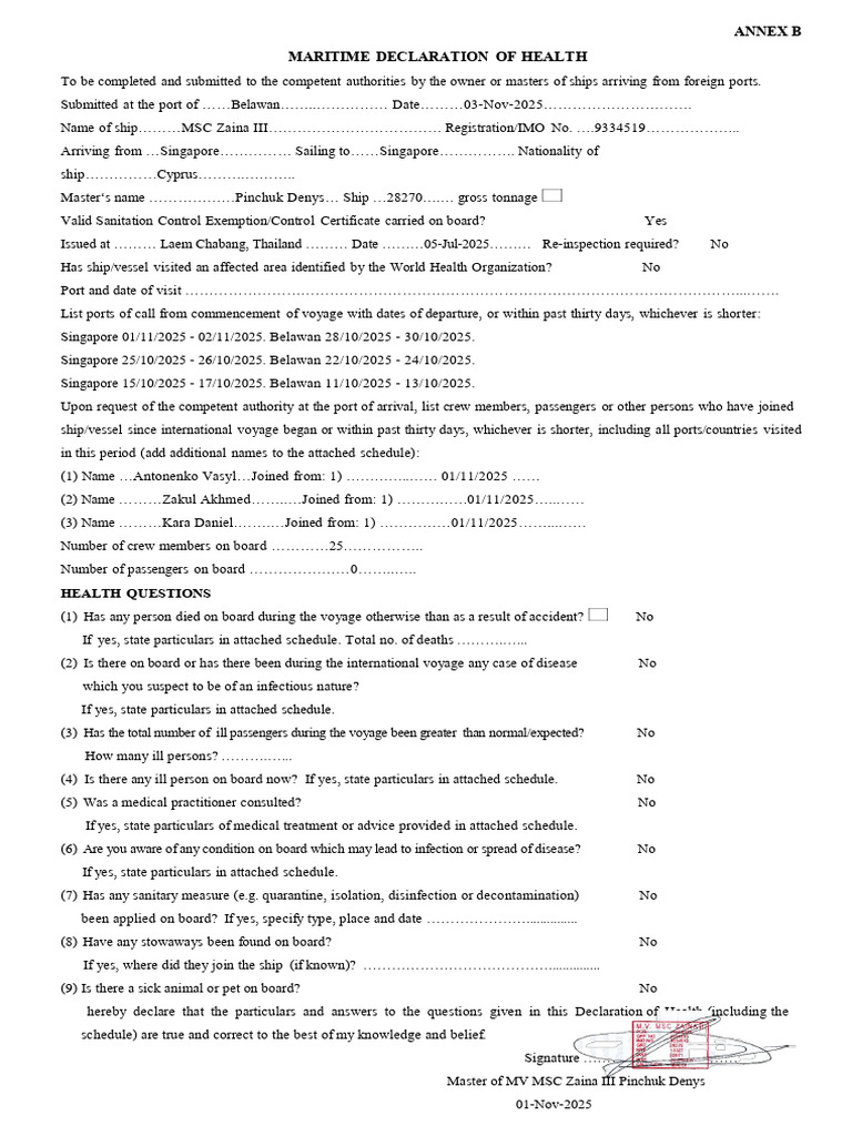 Maritime Health Declaration Form | PDF | Medicine | Human Diseases And ...