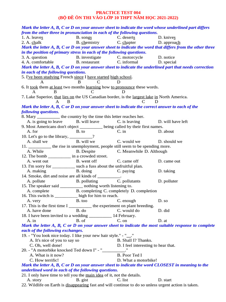 Grade 10 English Practice Test 2021-2022 | PDF | Sea | Oceans