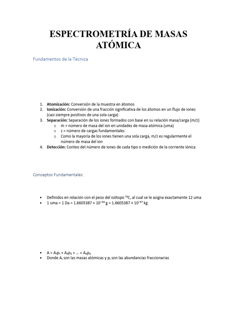 ESPECTROMETRÍA DE MASAS ATÓMICA - Práctica 6 | PDF | Espectrometría de ...
