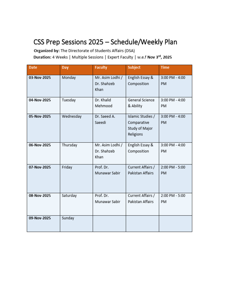 Css Prep Sessions Weekly Plan 2025 | PDF