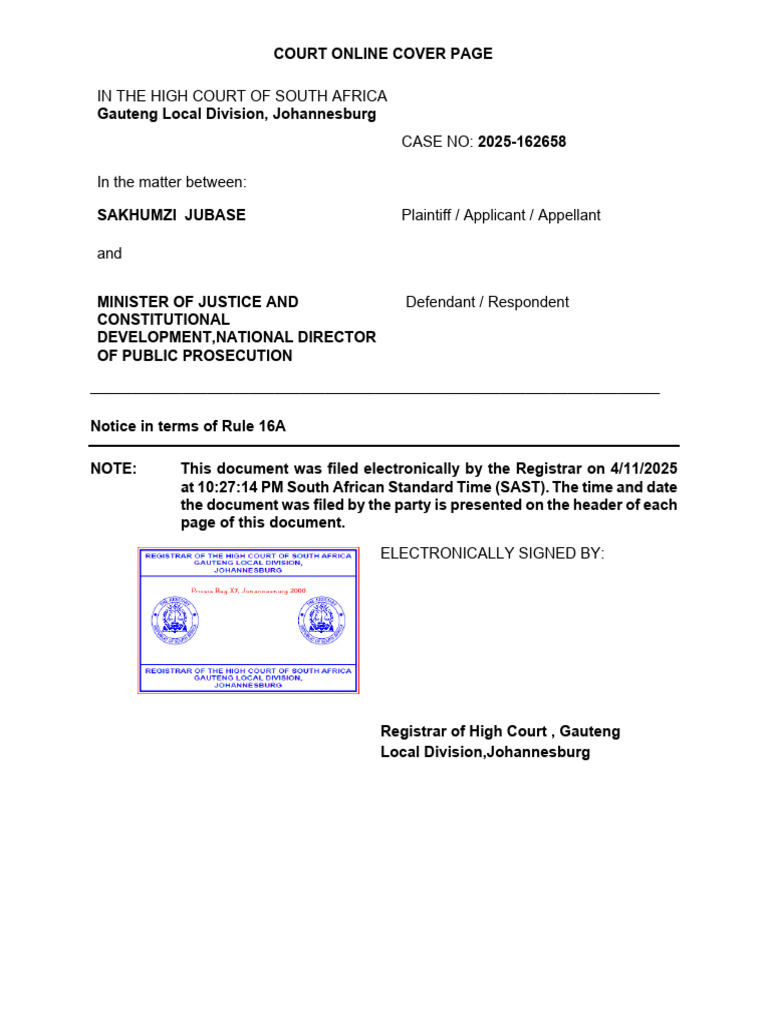 High Court Case Notice: Jubase vs. Minister | PDF