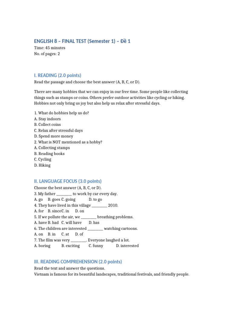 English 8 Semester 1 Final Test | PDF