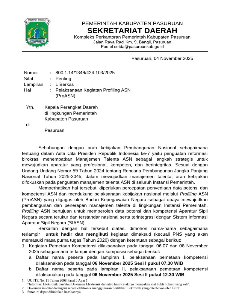 Surat Pelaksanaan Profiling Asn - Signed | PDF
