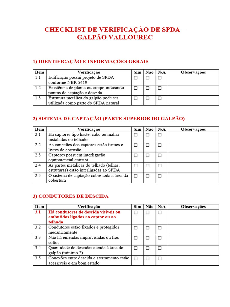 Checklist SPDA Galpão Vallourec | PDF | Eletricidade | Engenharia Elétrica