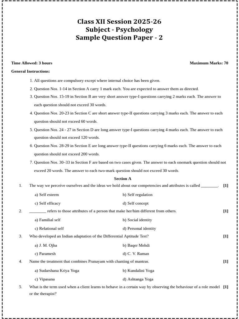 Psychology Sample Question Paper 2025-26 | PDF | Stereotypes | Intelligence