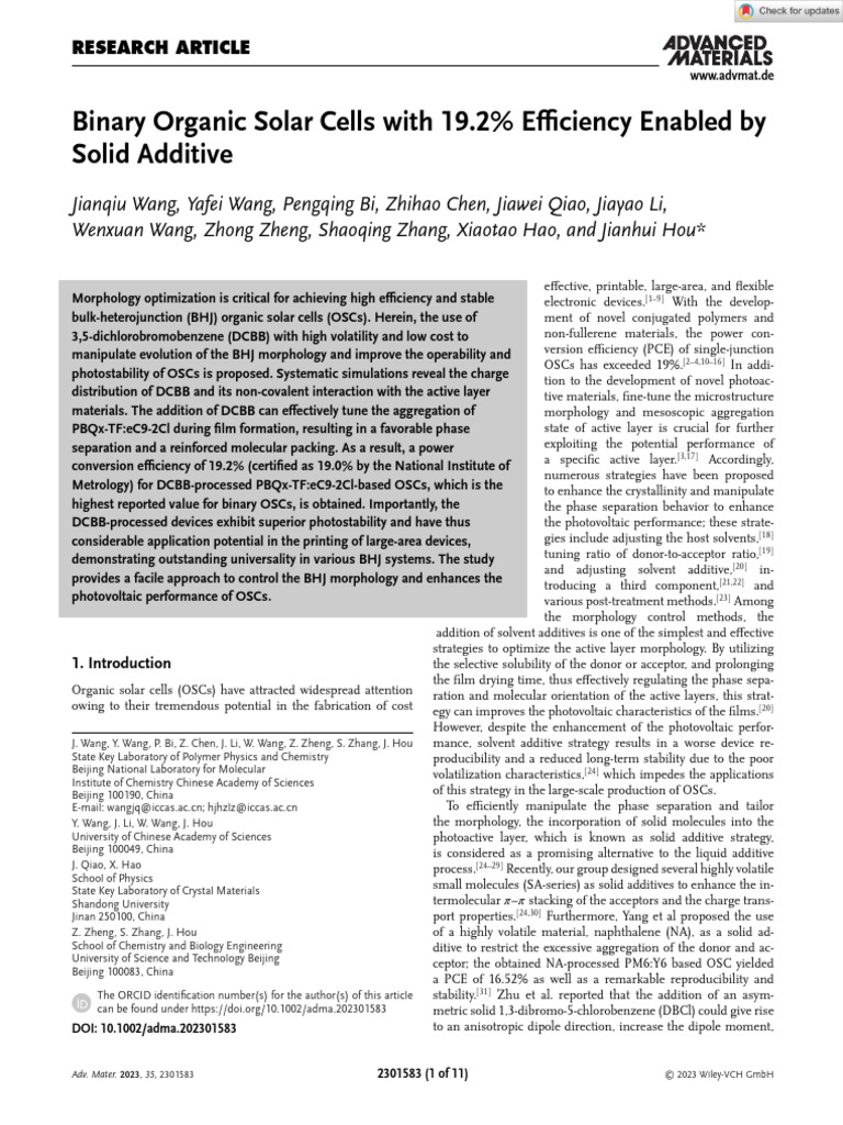 Advanced Materials - 2023 - Wang - Binary Organic Solar Cells With 19 2 ...