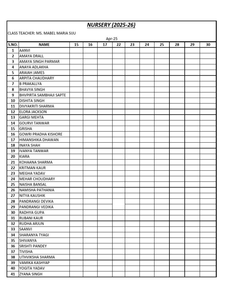 Class List For Attedance For April 2025 | PDF