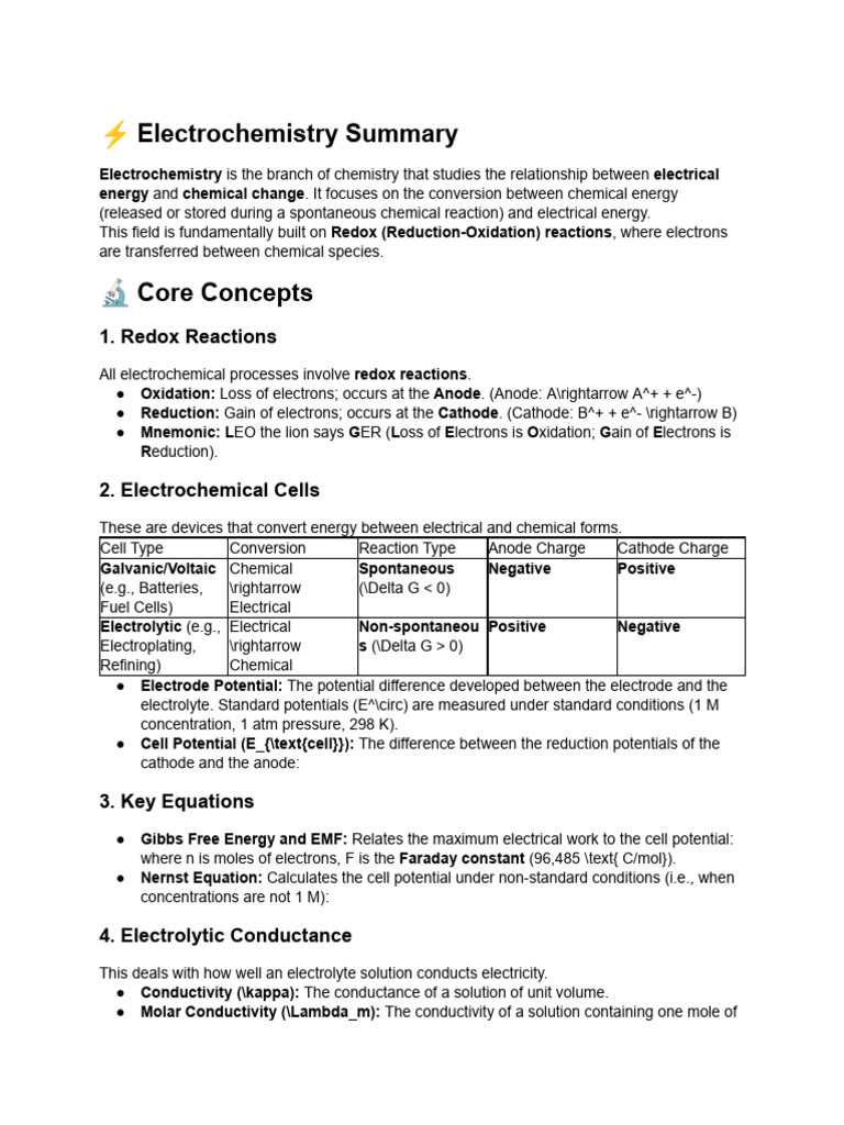 Electrochemistry Class 12 Summary | PDF | Electrochemistry | Redox