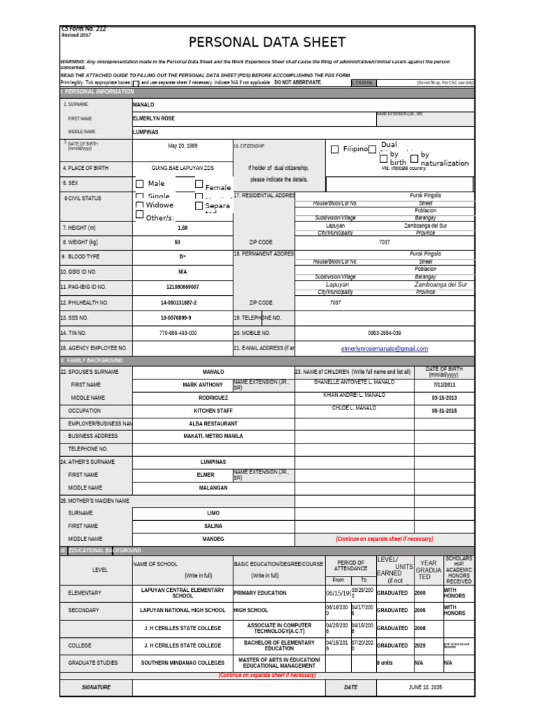 Personal Data Sheet Template | PDF | Government