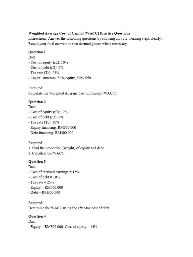 WACC Calculation Practice Questions | PDF