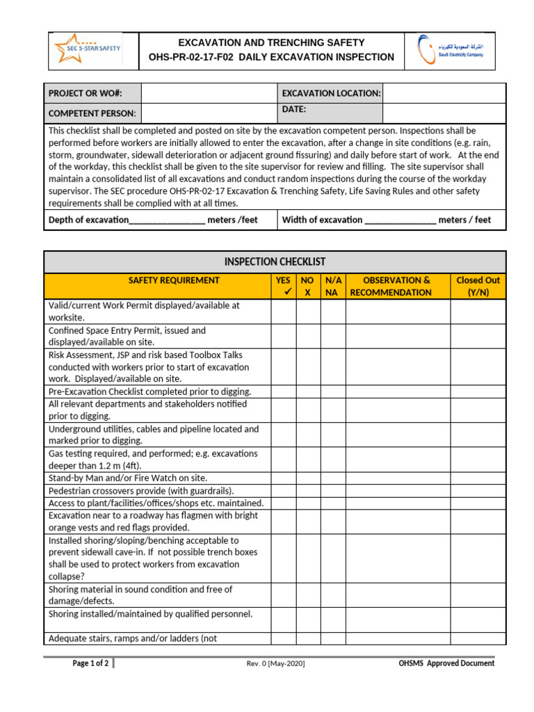Daily Excavation Inspection Checklist Template Printable Pdf Download