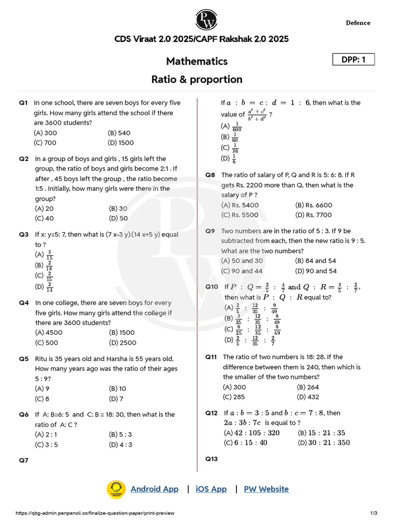 Ratio and Proportion Practice Questions | PDF