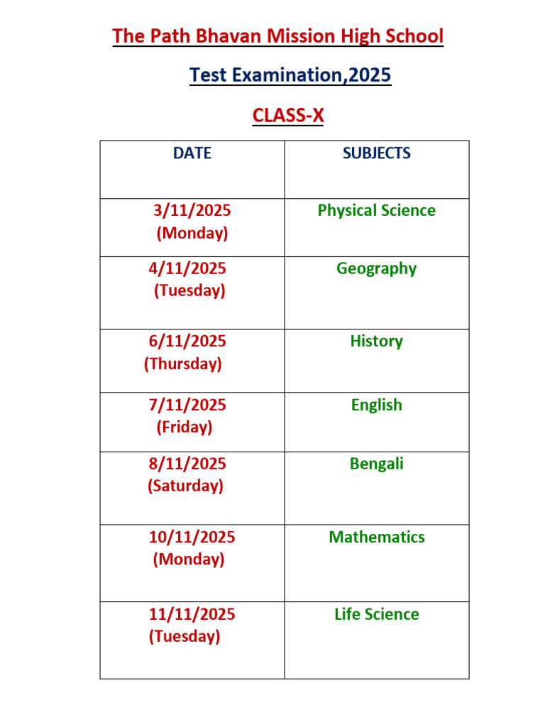 Class X Test Exam Schedule 2025 | PDF