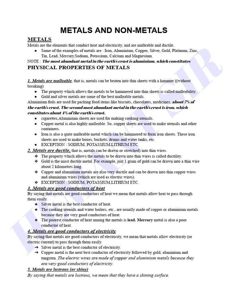 Metals and Non metals Google Docs PDF Ion Rust