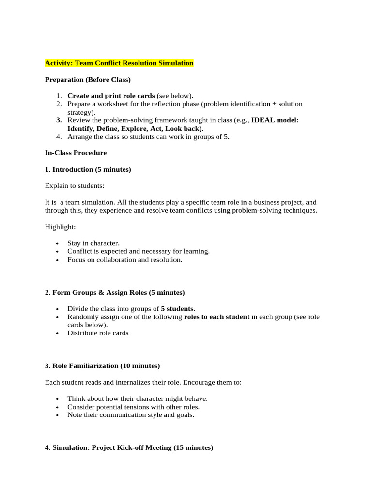 Activity Team Conflict Resolution Simulation | PDF | Conflict ...