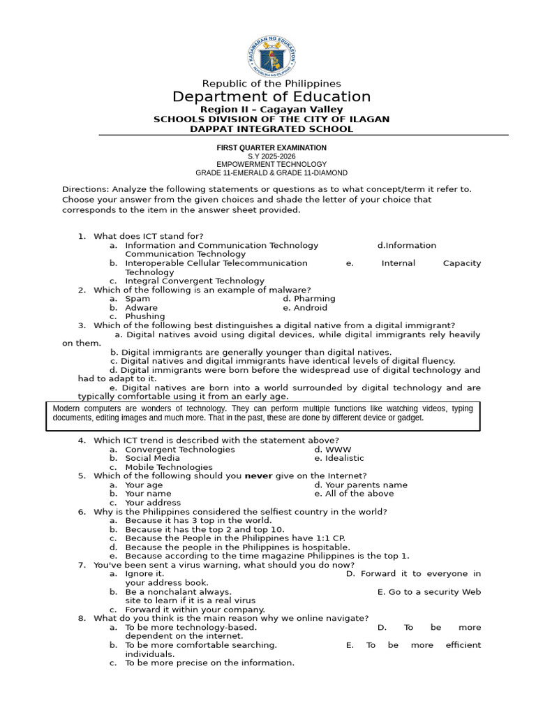 Grade 11 Empowerment Tech Exam Guide | PDF | World Wide Web | Internet ...