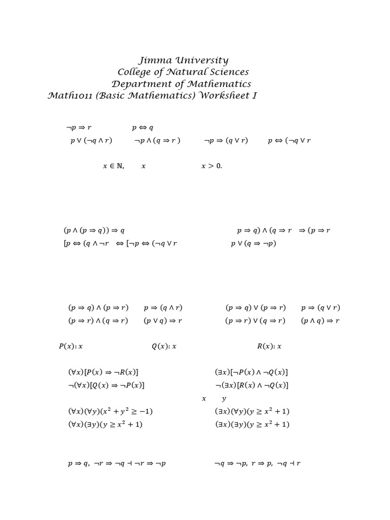 Freshman Mathematics Work Sheet | PDF | Mathematical Logic | Mathematics