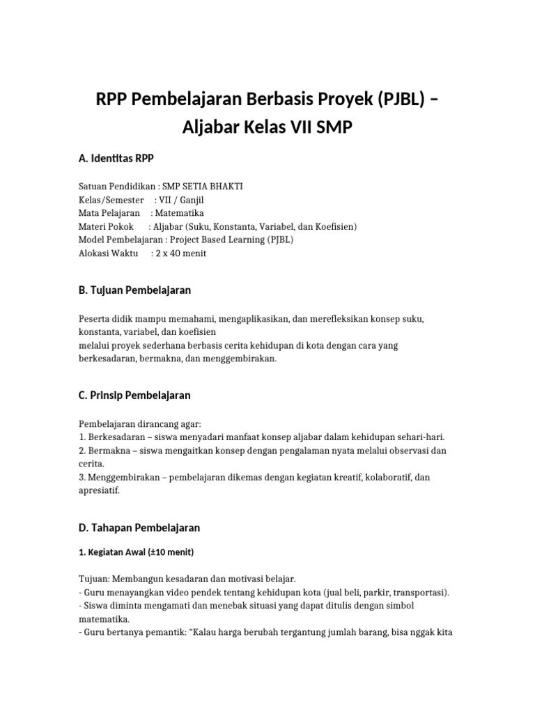 RPP PJBL Aljabar Kelas VII SMP | PDF