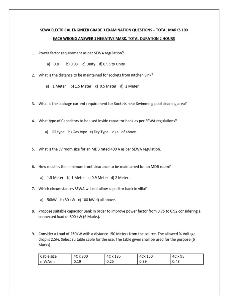 SEWA Electrical Engineer Exam Questions | PDF | Power Supply | Physical ...