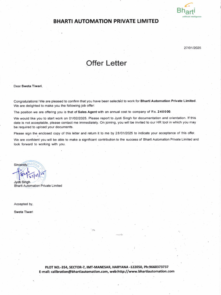 Bharti Automation Offer Letter for CRM Agent | PDF | Business | Justice