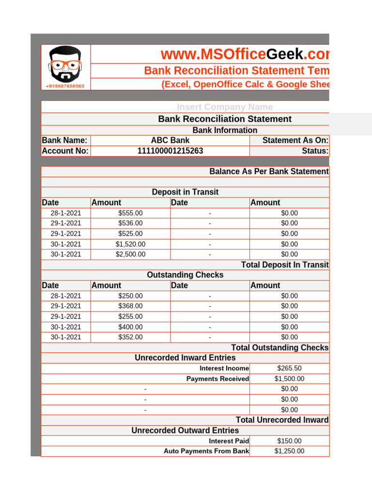 Bank Reconciliation Statement Template | PDF | Banks | Personal Finance