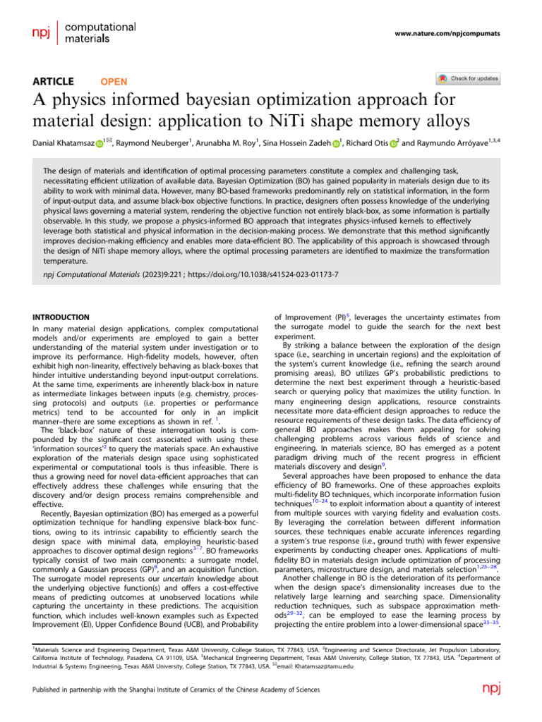 Physics-Informed Bayesian Optimization for NiTi Alloys | PDF ...