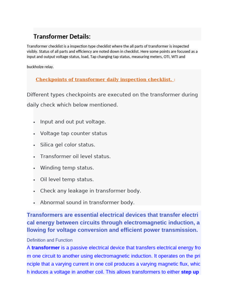 Transformer Inspection Checklist Guide | PDF | Transformer | Inductor