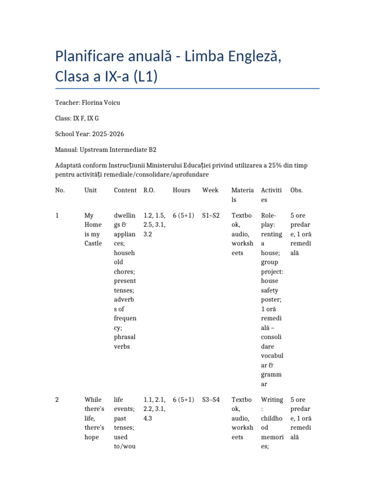 Planificare Engleza Clasa9 2025 2026 | PDF