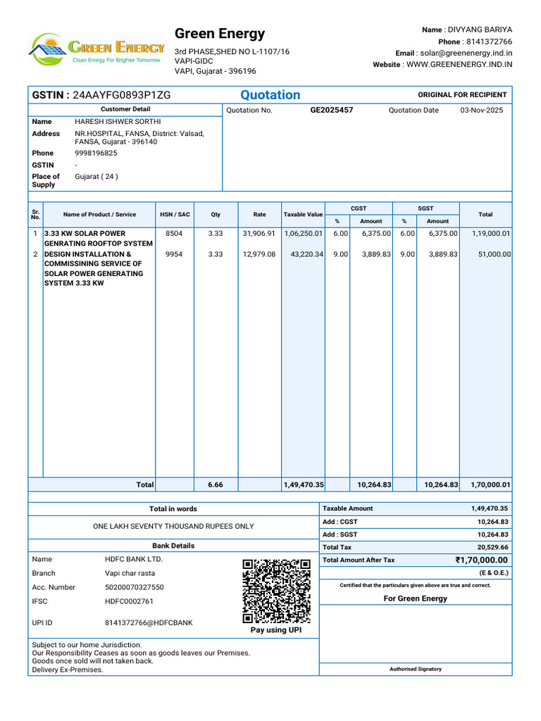 Solar Power Quotation for Haresh Sorthi | PDF | Taxation | Renewable ...