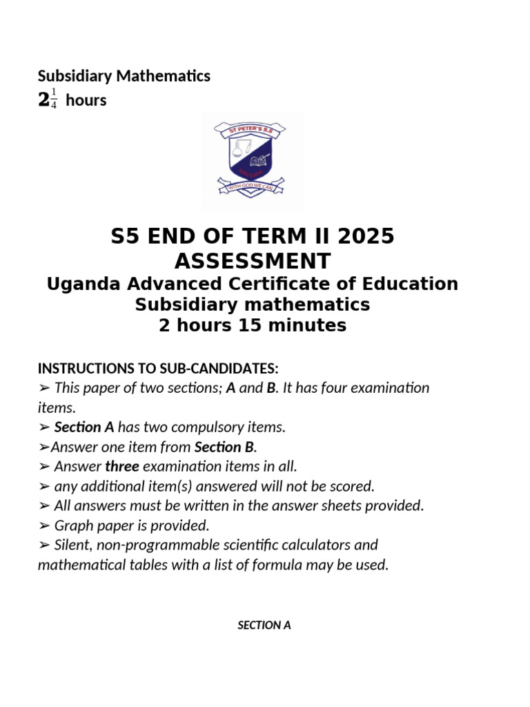 Uganda A-Level Subsidiary Math Exam Guide | PDF | Matrix (Mathematics ...