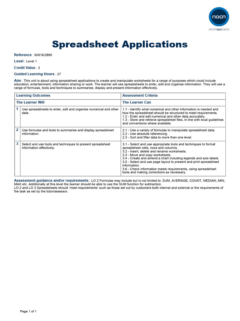 Spreadsheet Applications Level 1 Guide | PDF | Spreadsheet | Computer ...