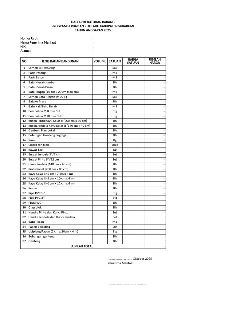 Kebutuhan Material Rutilahu 2025 Sukabumi | PDF