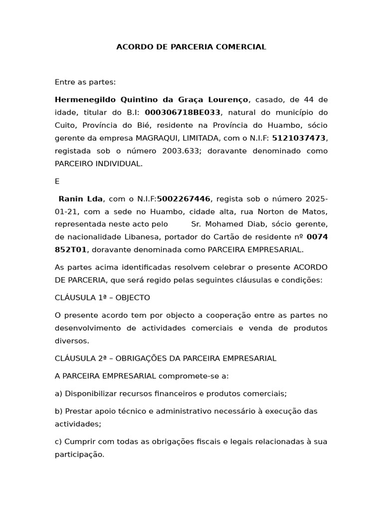 Acordo de Parceria Comercial Huambo | PDF
