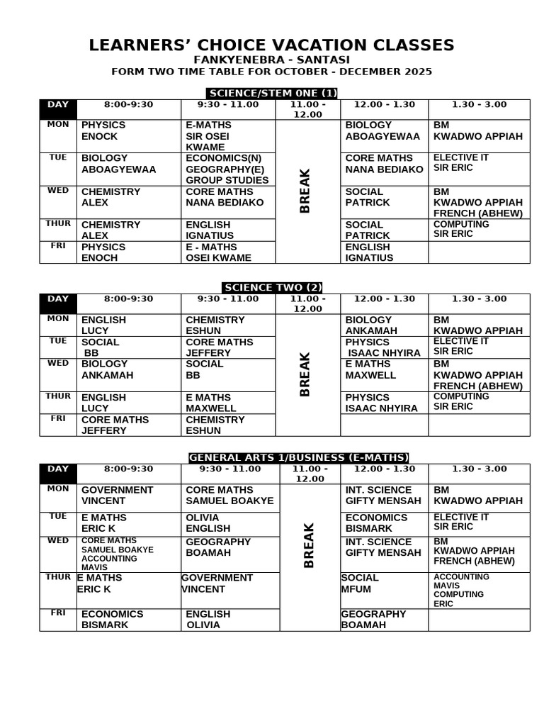 Form Two Timetable: Oct-Dec 2025 | PDF